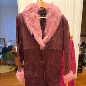 XOXO Brown Suede Coat with Pink Fur Trim